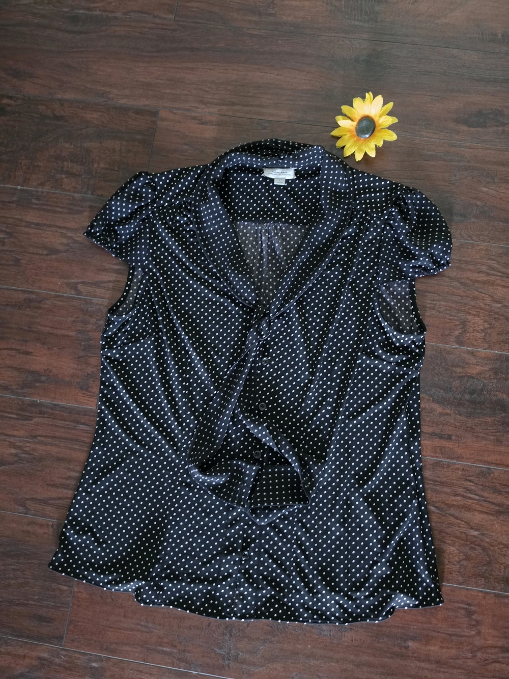 TAHARI Polka Dot Tie-Neck Blouse - Black - Picture 3 of 7